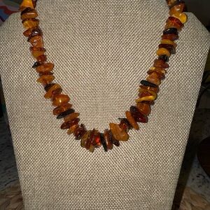 Vintage Amber Look Chip Necklace 18” Resin Beads 14K Gold Clasp